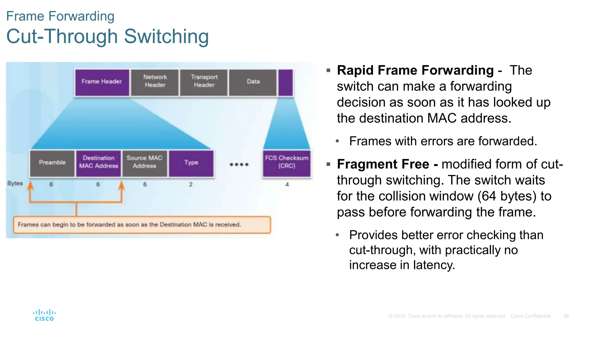 36
© 2016 Cisco and/or its affiliates. All rights reserved. Cisco Confidential
Frame Forwarding
Cut-Through Switching
 Rapid Frame Forwarding - The
switch can make a forwarding
decision as soon as it has looked up
the destination MAC address.
• Frames with errors are forwarded.
 Fragment Free - modified form of cut-
through switching. The switch waits
for the collision window (64 bytes) to
pass before forwarding the frame.
• Provides better error checking than
cut-through, with practically no
increase in latency.
 