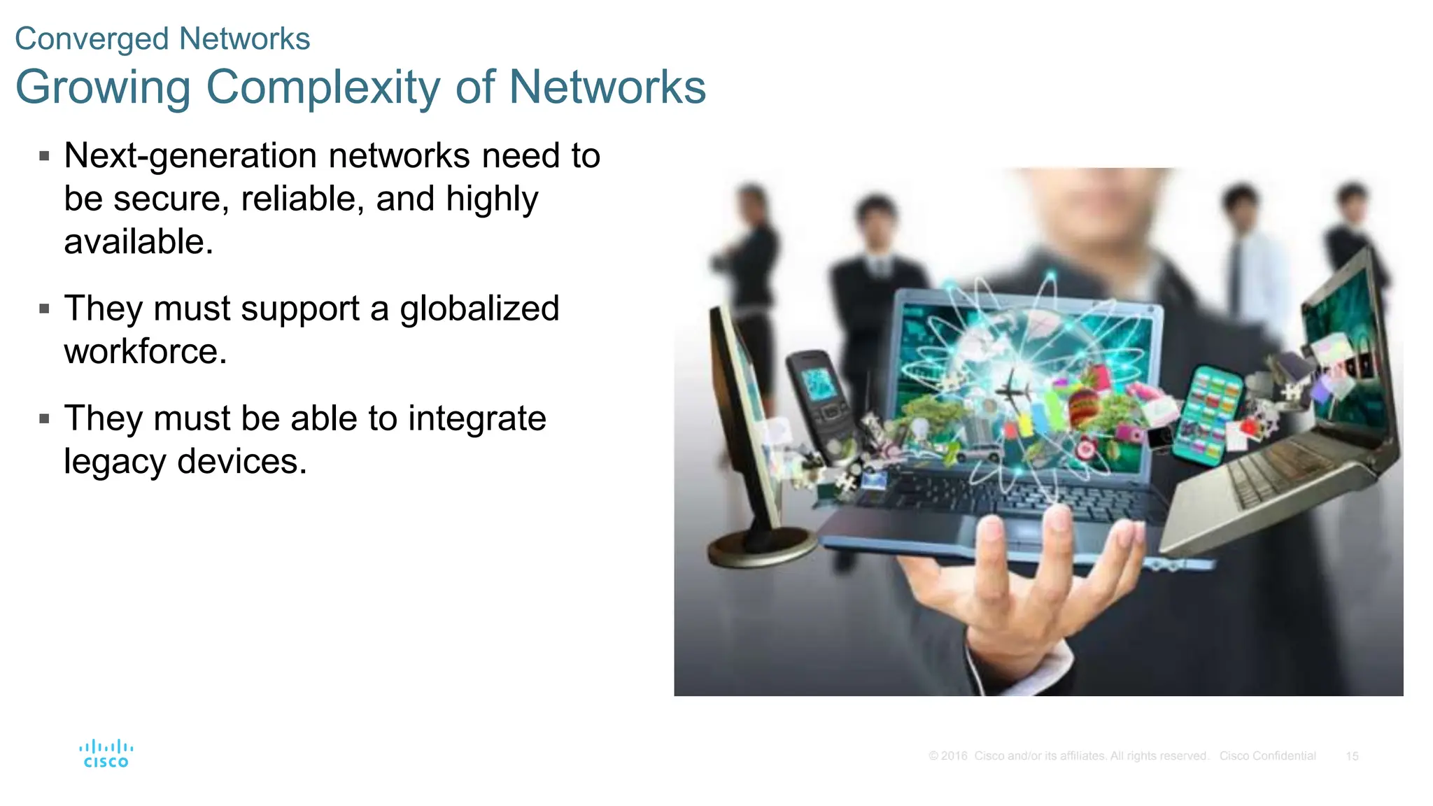 15
© 2016 Cisco and/or its affiliates. All rights reserved. Cisco Confidential
Converged Networks
Growing Complexity of Networks
 Next-generation networks need to
be secure, reliable, and highly
available.
 They must support a globalized
workforce.
 They must be able to integrate
legacy devices.
 