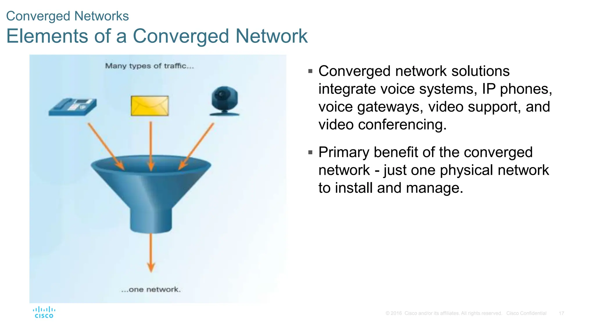 17
© 2016 Cisco and/or its affiliates. All rights reserved. Cisco Confidential
Converged Networks
Elements of a Converged Network
 Converged network solutions
integrate voice systems, IP phones,
voice gateways, video support, and
video conferencing.
 Primary benefit of the converged
network - just one physical network
to install and manage.
 