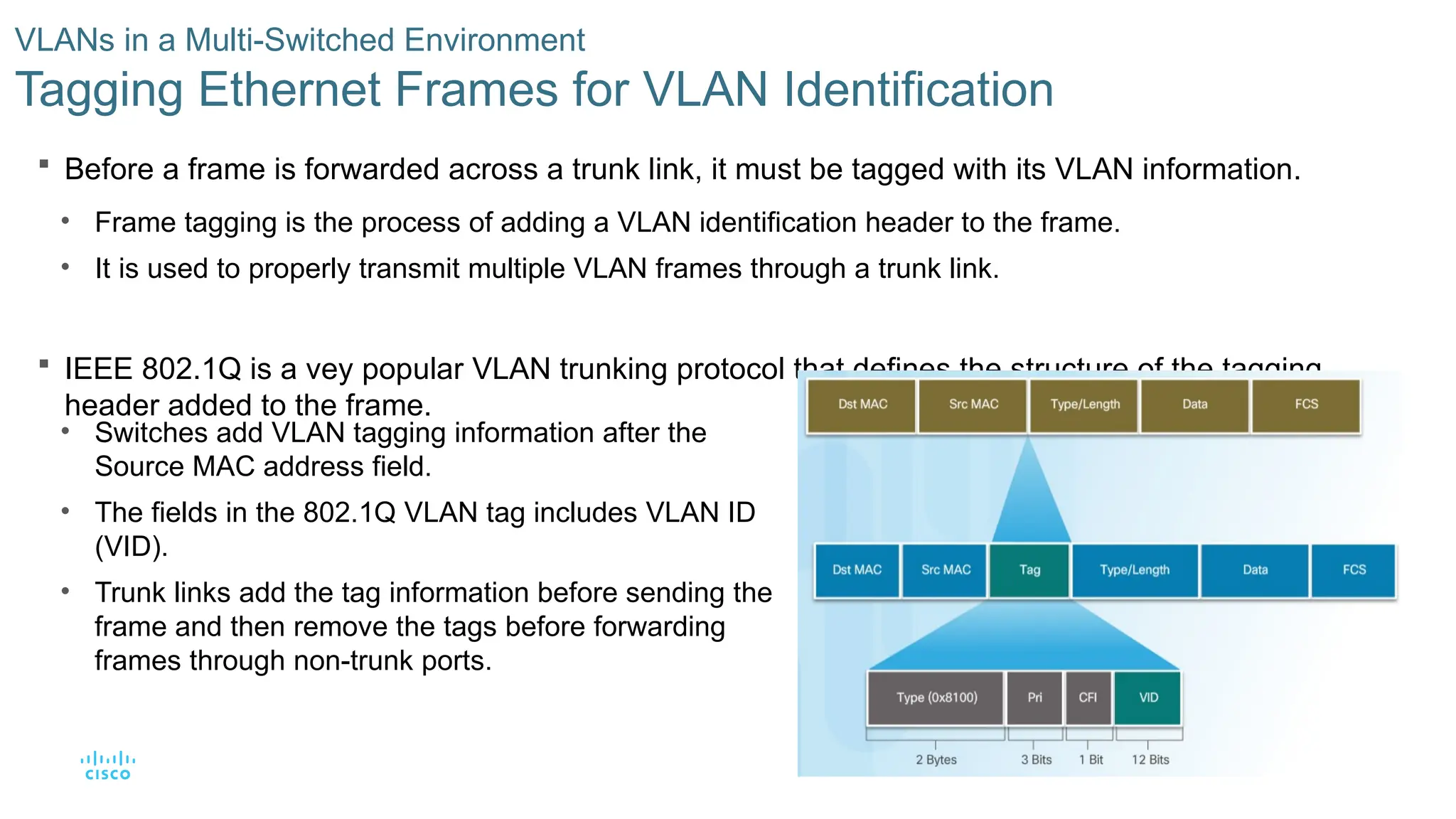 12
© 2016 Cisco and/or its affiliates. All rights reserved. Cisco Confidential
 Before a frame is forwarded across a trunk link, it must be tagged with its VLAN information.
• Frame tagging is the process of adding a VLAN identification header to the frame.
• It is used to properly transmit multiple VLAN frames through a trunk link.
 IEEE 802.1Q is a vey popular VLAN trunking protocol that defines the structure of the tagging
header added to the frame.
VLANs in a Multi-Switched Environment
Tagging Ethernet Frames for VLAN Identification
• Switches add VLAN tagging information after the
Source MAC address field.
• The fields in the 802.1Q VLAN tag includes VLAN ID
(VID).
• Trunk links add the tag information before sending the
frame and then remove the tags before forwarding
frames through non-trunk ports.
 