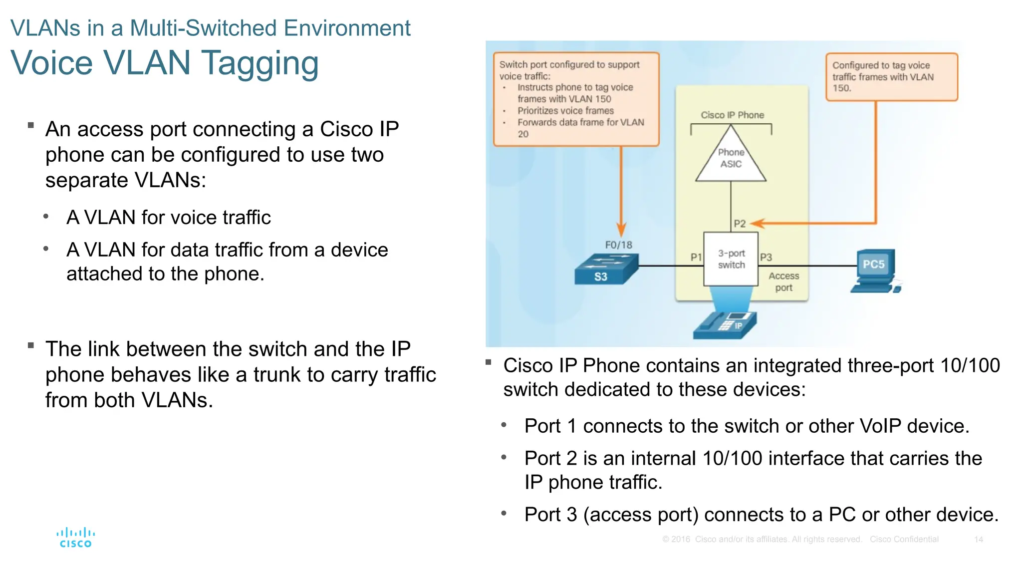 14
© 2016 Cisco and/or its affiliates. All rights reserved. Cisco Confidential
 An access port connecting a Cisco IP
phone can be configured to use two
separate VLANs:
• A VLAN for voice traffic
• A VLAN for data traffic from a device
attached to the phone.
 The link between the switch and the IP
phone behaves like a trunk to carry traffic
from both VLANs.
VLANs in a Multi-Switched Environment
Voice VLAN Tagging
 Cisco IP Phone contains an integrated three-port 10/100
switch dedicated to these devices:
• Port 1 connects to the switch or other VoIP device.
• Port 2 is an internal 10/100 interface that carries the
IP phone traffic.
• Port 3 (access port) connects to a PC or other device.
 