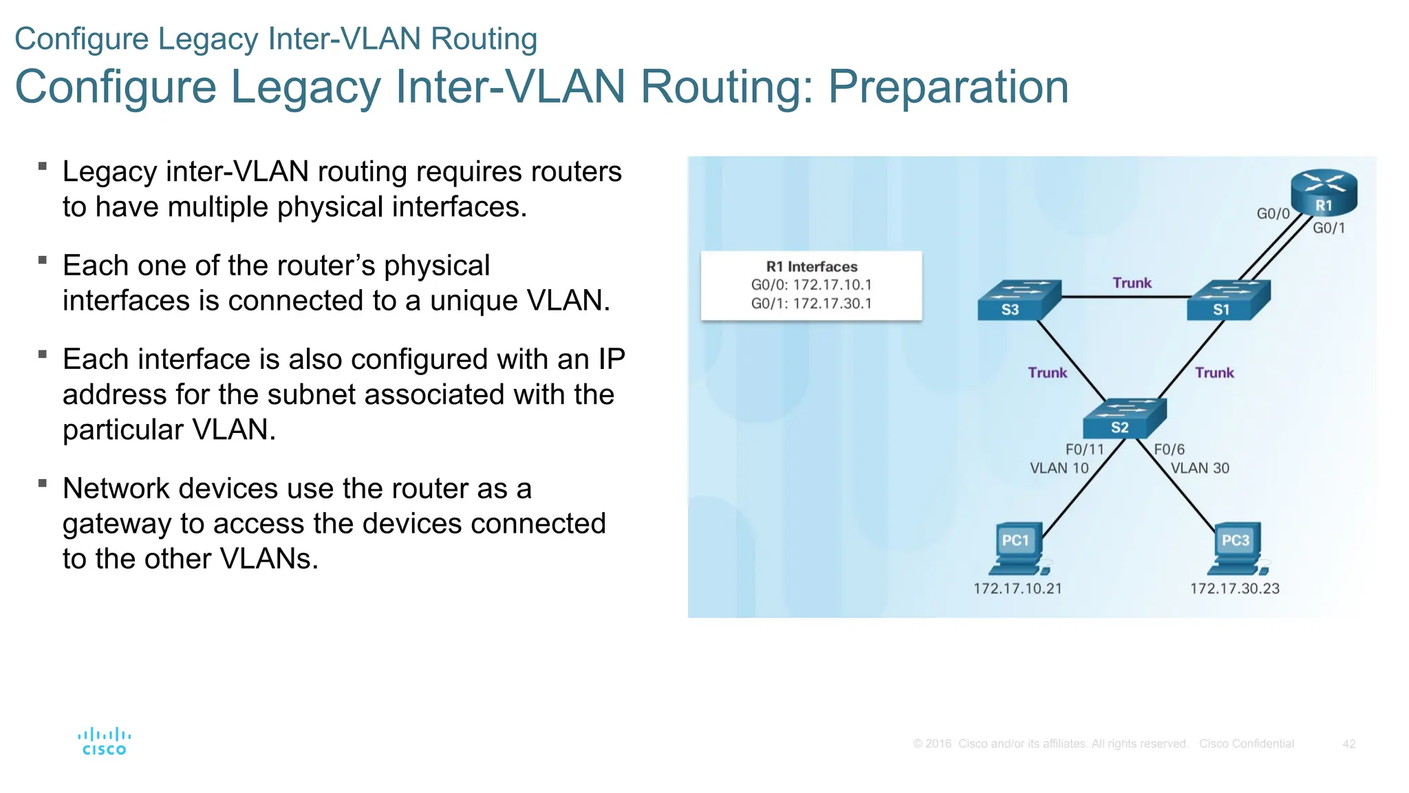 42
© 2016 Cisco and/or its affiliates. All rights reserved. Cisco Confidential
 Legacy inter-VLAN routing requires routers
to have multiple physical interfaces.
 Each one of the router’s physical
interfaces is connected to a unique VLAN.
 Each interface is also configured with an IP
address for the subnet associated with the
particular VLAN.
 Network devices use the router as a
gateway to access the devices connected
to the other VLANs.
Configure Legacy Inter-VLAN Routing
Configure Legacy Inter-VLAN Routing: Preparation
 