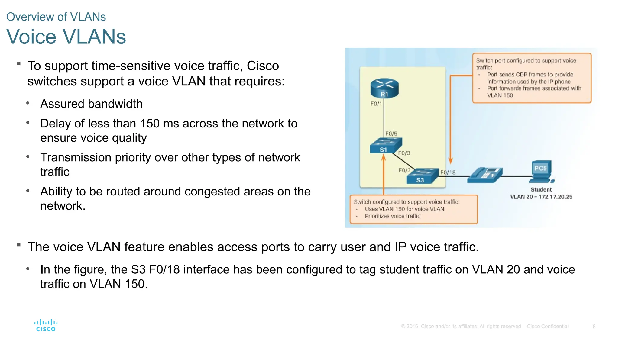 8
© 2016 Cisco and/or its affiliates. All rights reserved. Cisco Confidential
 To support time-sensitive voice traffic, Cisco
switches support a voice VLAN that requires:
• Assured bandwidth
• Delay of less than 150 ms across the network to
ensure voice quality
• Transmission priority over other types of network
traffic
• Ability to be routed around congested areas on the
network.
Overview of VLANs
Voice VLANs
 The voice VLAN feature enables access ports to carry user and IP voice traffic.
• In the figure, the S3 F0/18 interface has been configured to tag student traffic on VLAN 20 and voice
traffic on VLAN 150.
 