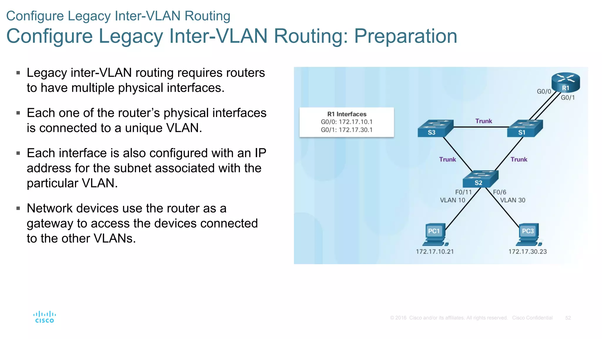 52© 2016 Cisco and/or its affiliates. All rights reserved. Cisco Confidential
 Legacy inter-VLAN routing requires routers
to have multiple physical interfaces.
 Each one of the router’s physical interfaces
is connected to a unique VLAN.
 Each interface is also configured with an IP
address for the subnet associated with the
particular VLAN.
 Network devices use the router as a
gateway to access the devices connected
to the other VLANs.
Configure Legacy Inter-VLAN Routing
Configure Legacy Inter-VLAN Routing: Preparation
 