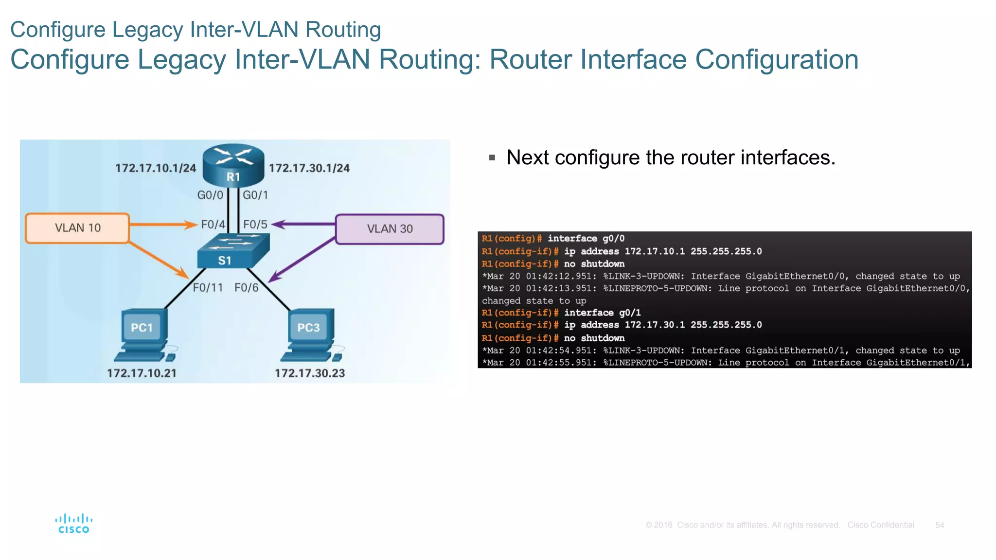 54© 2016 Cisco and/or its affiliates. All rights reserved. Cisco Confidential
Configure Legacy Inter-VLAN Routing
Configure Legacy Inter-VLAN Routing: Router Interface Configuration
 Next configure the router interfaces.
 