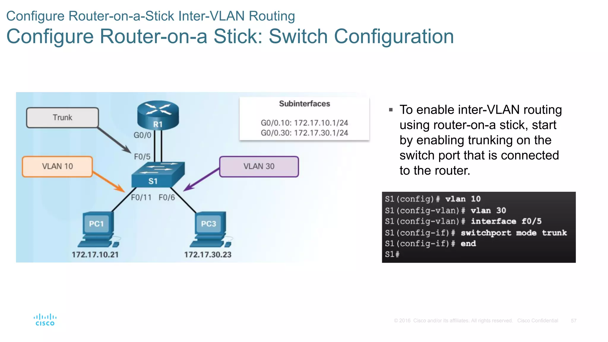 57© 2016 Cisco and/or its affiliates. All rights reserved. Cisco Confidential
 To enable inter-VLAN routing
using router-on-a stick, start
by enabling trunking on the
switch port that is connected
to the router.
Configure Router-on-a-Stick Inter-VLAN Routing
Configure Router-on-a Stick: Switch Configuration
 