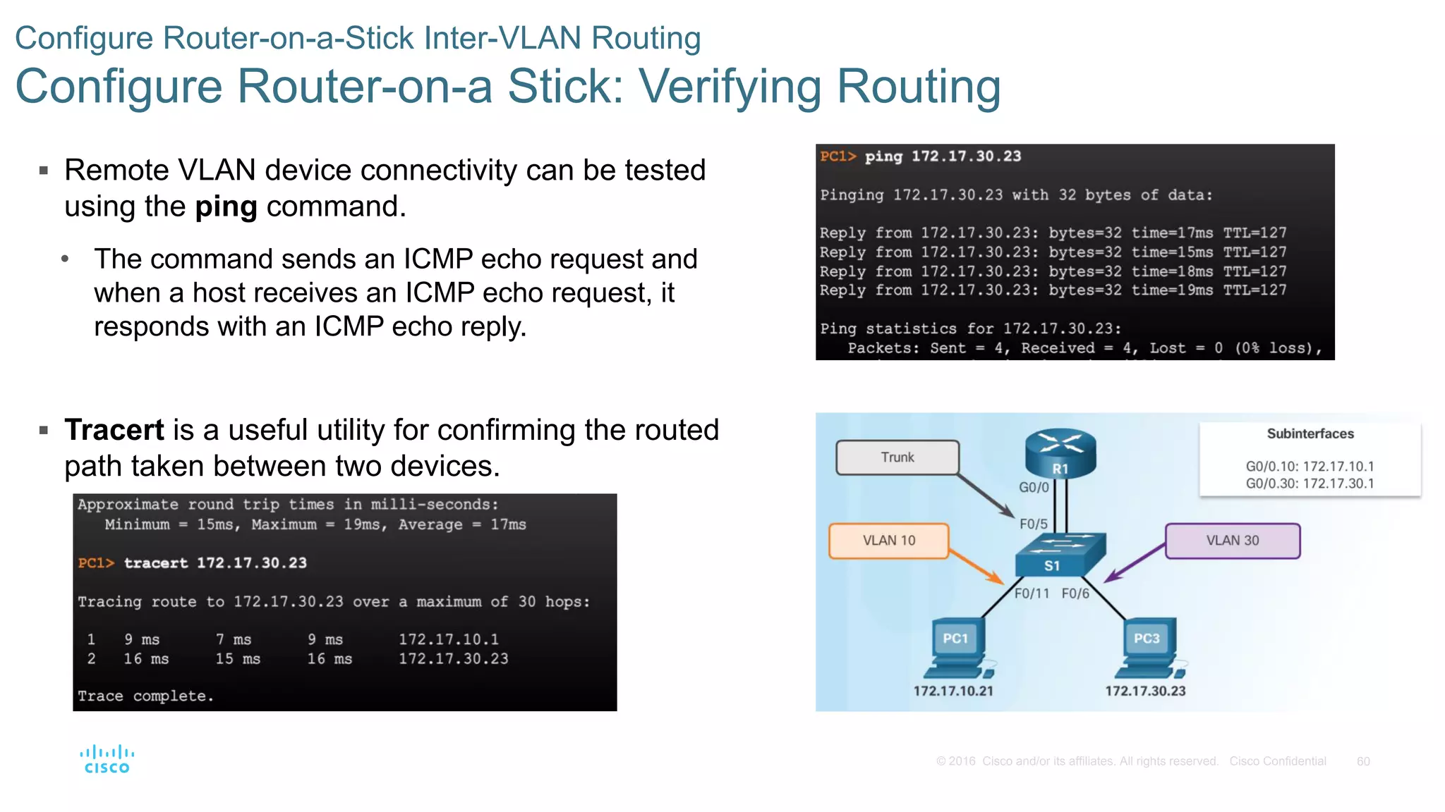 60© 2016 Cisco and/or its affiliates. All rights reserved. Cisco Confidential
 Remote VLAN device connectivity can be tested
using the ping command.
• The command sends an ICMP echo request and
when a host receives an ICMP echo request, it
responds with an ICMP echo reply.
 Tracert is a useful utility for confirming the routed
path taken between two devices.
Configure Router-on-a-Stick Inter-VLAN Routing
Configure Router-on-a Stick: Verifying Routing
 