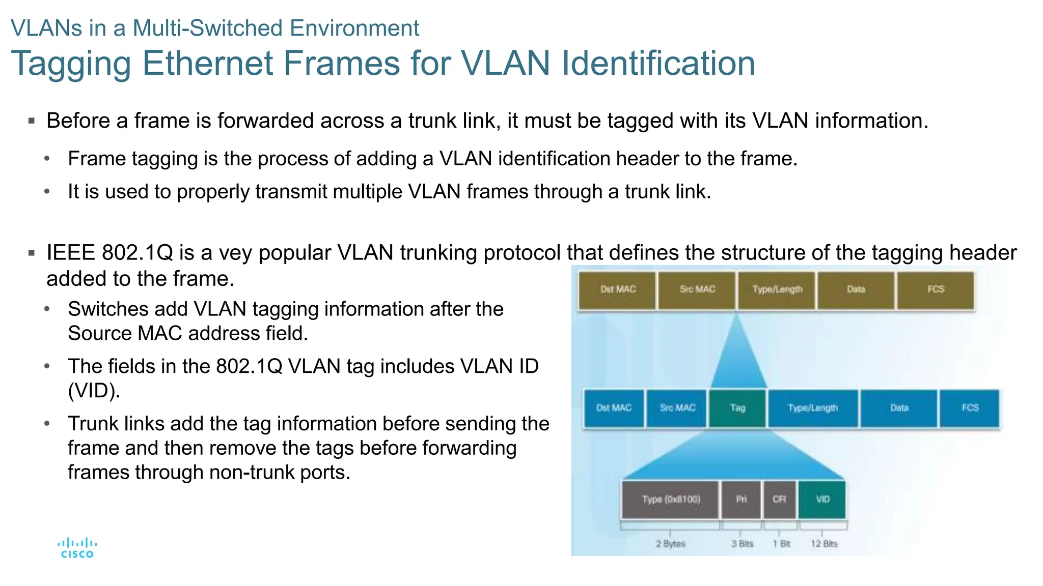 22
© 2016 Cisco and/or its affiliates. All rights reserved. Cisco Confidential
 Before a frame is forwarded across a trunk link, it must be tagged with its VLAN information.
• Frame tagging is the process of adding a VLAN identification header to the frame.
• It is used to properly transmit multiple VLAN frames through a trunk link.
 IEEE 802.1Q is a vey popular VLAN trunking protocol that defines the structure of the tagging header
added to the frame.
VLANs in a Multi-Switched Environment
Tagging Ethernet Frames for VLAN Identification
• Switches add VLAN tagging information after the
Source MAC address field.
• The fields in the 802.1Q VLAN tag includes VLAN ID
(VID).
• Trunk links add the tag information before sending the
frame and then remove the tags before forwarding
frames through non-trunk ports.
 