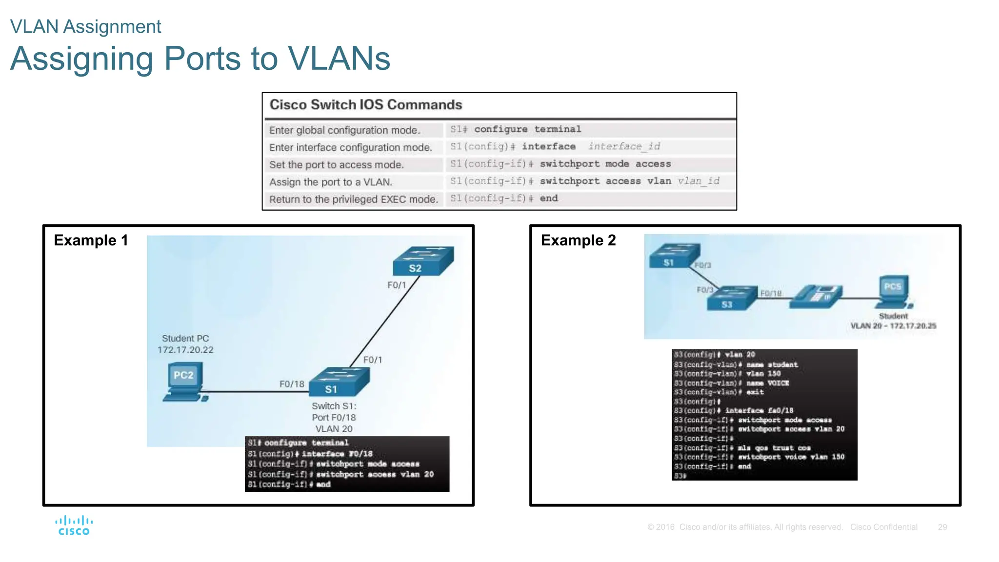 29
© 2016 Cisco and/or its affiliates. All rights reserved. Cisco Confidential
VLAN Assignment
Assigning Ports to VLANs
Example 1 Example 2
 