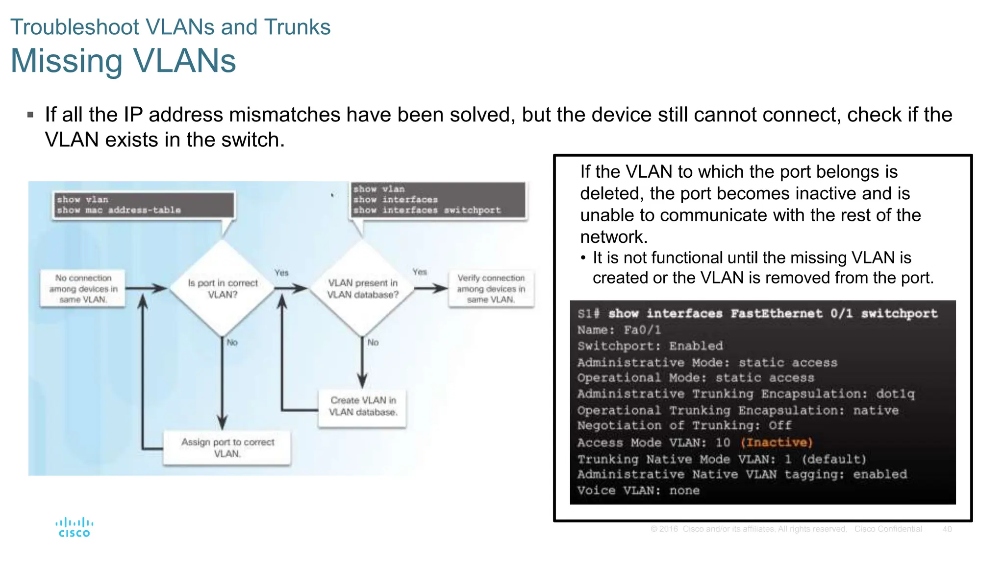 40
© 2016 Cisco and/or its affiliates. All rights reserved. Cisco Confidential
 If all the IP address mismatches have been solved, but the device still cannot connect, check if the
VLAN exists in the switch.
Troubleshoot VLANs and Trunks
Missing VLANs
If the VLAN to which the port belongs is
deleted, the port becomes inactive and is
unable to communicate with the rest of the
network.
• It is not functional until the missing VLAN is
created or the VLAN is removed from the port.
 