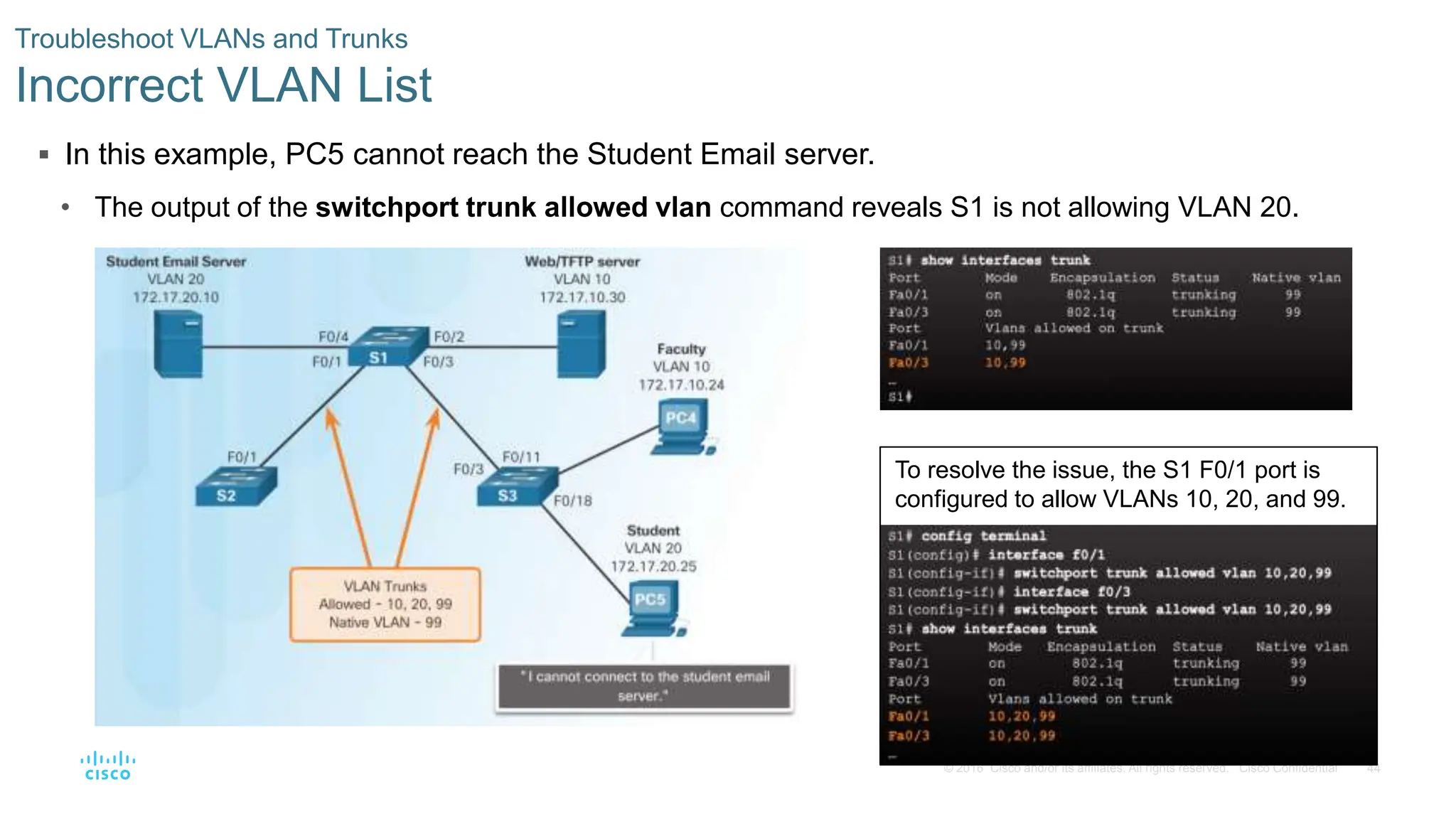 44
© 2016 Cisco and/or its affiliates. All rights reserved. Cisco Confidential
 In this example, PC5 cannot reach the Student Email server.
• The output of the switchport trunk allowed vlan command reveals S1 is not allowing VLAN 20.
Troubleshoot VLANs and Trunks
Incorrect VLAN List
To resolve the issue, the S1 F0/1 port is
configured to allow VLANs 10, 20, and 99.
 