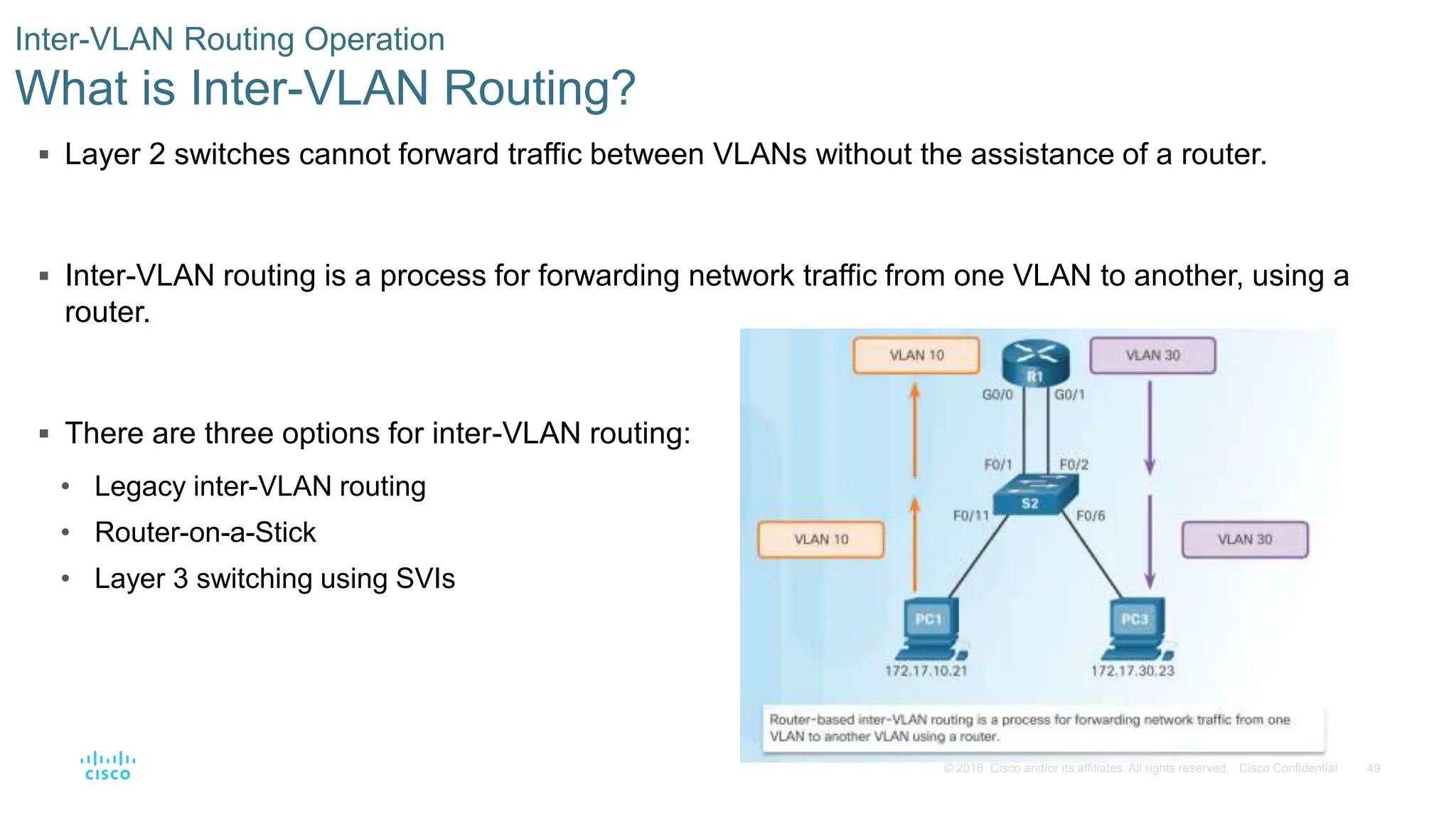 49
© 2016 Cisco and/or its affiliates. All rights reserved. Cisco Confidential
 Layer 2 switches cannot forward traffic between VLANs without the assistance of a router.
 Inter-VLAN routing is a process for forwarding network traffic from one VLAN to another, using a
router.
 There are three options for inter-VLAN routing:
• Legacy inter-VLAN routing
• Router-on-a-Stick
• Layer 3 switching using SVIs
Inter-VLAN Routing Operation
What is Inter-VLAN Routing?
 