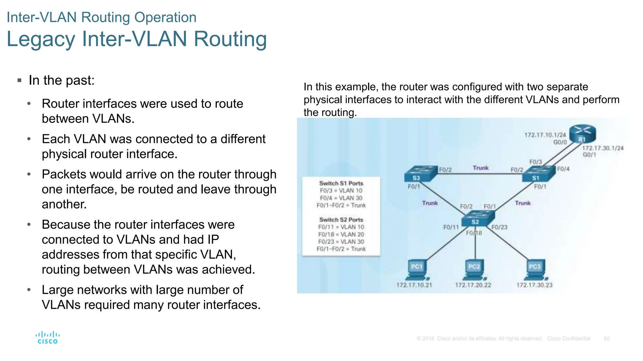50
© 2016 Cisco and/or its affiliates. All rights reserved. Cisco Confidential
 In the past:
• Router interfaces were used to route
between VLANs.
• Each VLAN was connected to a different
physical router interface.
• Packets would arrive on the router through
one interface, be routed and leave through
another.
• Because the router interfaces were
connected to VLANs and had IP
addresses from that specific VLAN,
routing between VLANs was achieved.
• Large networks with large number of
VLANs required many router interfaces.
Inter-VLAN Routing Operation
Legacy Inter-VLAN Routing
In this example, the router was configured with two separate
physical interfaces to interact with the different VLANs and perform
the routing.
 