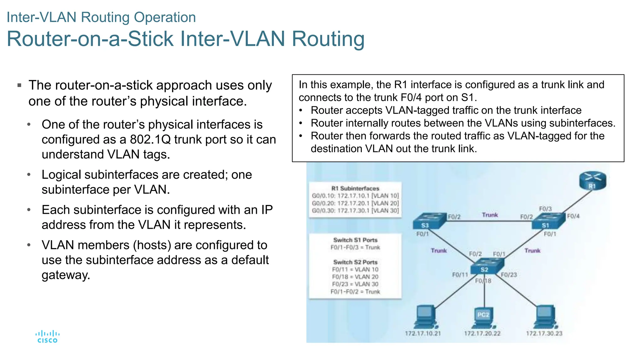 51
© 2016 Cisco and/or its affiliates. All rights reserved. Cisco Confidential
 The router-on-a-stick approach uses only
one of the router’s physical interface.
• One of the router’s physical interfaces is
configured as a 802.1Q trunk port so it can
understand VLAN tags.
• Logical subinterfaces are created; one
subinterface per VLAN.
• Each subinterface is configured with an IP
address from the VLAN it represents.
• VLAN members (hosts) are configured to
use the subinterface address as a default
gateway.
Inter-VLAN Routing Operation
Router-on-a-Stick Inter-VLAN Routing
In this example, the R1 interface is configured as a trunk link and
connects to the trunk F0/4 port on S1.
• Router accepts VLAN-tagged traffic on the trunk interface
• Router internally routes between the VLANs using subinterfaces.
• Router then forwards the routed traffic as VLAN-tagged for the
destination VLAN out the trunk link.
 