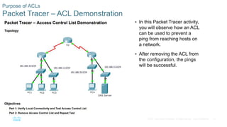 19© 2016 Cisco and/or its affiliates. All rights reserved. Cisco Confidential
Purpose of ACLs
Packet Tracer – ACL Demonstration
 In this Packet Tracer activity,
you will observe how an ACL
can be used to prevent a
ping from reaching hosts on
a network.
 After removing the ACL from
the configuration, the pings
will be successful.
 