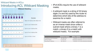 20© 2016 Cisco and/or its affiliates. All rights reserved. Cisco Confidential
Wildcard Masks in ACLs
Introducing ACL Wildcard Masking  IPv4 ACEs require the use of wildcard
masks.
 A wildcard mask is a string of 32 binary
digits (1s and 0s) used by the router to
determine which bits of the address to
examine for a match.
 Wildcard masks are often referred to
as an inverse mask since unlike a
subnet mask where a binary 1 is a
match, a binary 0 is a match with
wildcard masks. For example:
 