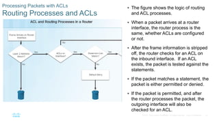 51© 2016 Cisco and/or its affiliates. All rights reserved. Cisco Confidential
Processing Packets with ACLs
Routing Processes and ACLs
 The figure shows the logic of routing
and ACL processes.
 When a packet arrives at a router
interface, the router process is the
same, whether ACLs are configured
or not.
 After the frame information is stripped
off, the router checks for an ACL on
the inbound interface. If an ACL
exists, the packet is tested against the
statements.
 If the packet matches a statement, the
packet is either permitted or denied.
 If the packet is permitted, and after
the router processes the packet, the
outgoing interface will also be
checked for an ACL.
 
