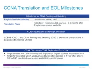 CCNA Translation and EOL Milestones
Milestones for CCNA Routing and Switching
English General Availability

1st courses June 6, 2013

Translation Plans

Translate 4 recommended courses – 6-9 months after
English courses are available
CCNA Routing and Switching Certification

CCENT (ICND1) and CCNA Routing and Switching (ICND2) exams are only available in
English and Simplified Chinese

CCNA Discovery / CCNA Exploration End of Life
•
•

Target to retire all CCNA Discovery and Exploration English courses November 2014
Target for translated CCNA Discovery and Exploration courses is 1 year after all new
CCNA R&S translated courses are available in each language

© 2012 Cisco and/or its affiliates. All rights reserved.

Cisco Confidential

17

 