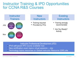 Instructor Training & IPD Opportunities
for CCNA R&S Courses
Instructor
Trainers

New
Instructors
 Training required
 Provided by ITCs

July

Existing
Instructors
 Training strongly
recommended
 Are You Ready?
Activity

Nov

Instructor Professional Development (IPD)
• IPv6 self-paced IPD course available now
• New certification exam topics virtual sessions – July
• Technology topics resources on Global Instructor Resource (GIR) site
© 2012 Cisco and/or its affiliates. All rights reserved.

Cisco Confidential

27

 