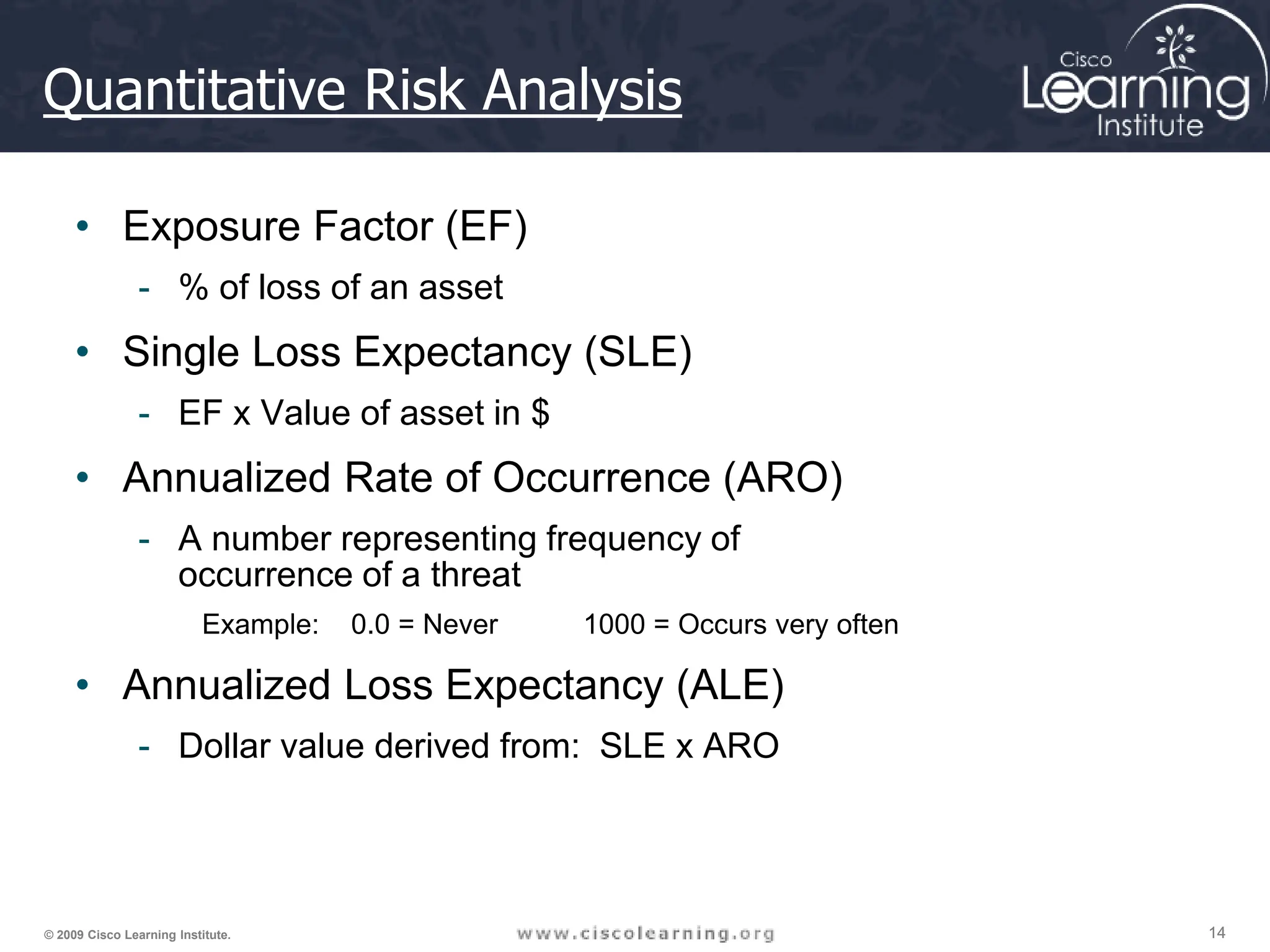 14
14
14
© 2009 Cisco Learning Institute.
Quantitative Risk Analysis
• Exposure Factor (EF)
- % of loss of an asset
• Single Loss Expectancy (SLE)
- EF x Value of asset in $
• Annualized Rate of Occurrence (ARO)
- A number representing frequency of
occurrence of a threat
Example: 0.0 = Never 1000 = Occurs very often
• Annualized Loss Expectancy (ALE)
- Dollar value derived from: SLE x ARO
 