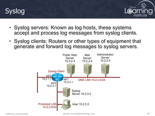 58
58
58
© 2009 Cisco Learning Institute.
Syslog
• Syslog servers: Known as log hosts, these systems
accept and process log messages from syslog clients.
• Syslog clients: Routers or other types of equipment that
generate and forward log messages to syslog servers.
e0/0
10.2.1.1 e0/1
10.2.2.1
e0/2
10.2.3.1
User 10.2.3.3
Public Web
Server
10.2.2.3
Mail
Server
10.2.2.4
Administrator
Server
10.2.2.5
Syslog
Server 10.2.3.2
Protected LAN
10.2.3.0/24
DMZ LAN 10.2.2.0/24
Syslog Client
R3
 