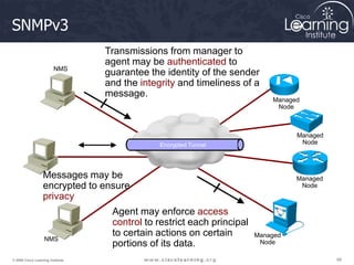 66
66
66
© 2009 Cisco Learning Institute.
SNMPv3
Agent may enforce access
control to restrict each principal
to certain actions on certain
portions of its data.
Managed
Node
Managed
Node
Managed
Node
Managed
Node
Messages may be
encrypted to ensure
privacy
NMS
NMS
Transmissions from manager to
agent may be authenticated to
guarantee the identity of the sender
and the integrity and timeliness of a
message.
Encrypted Tunnel
 