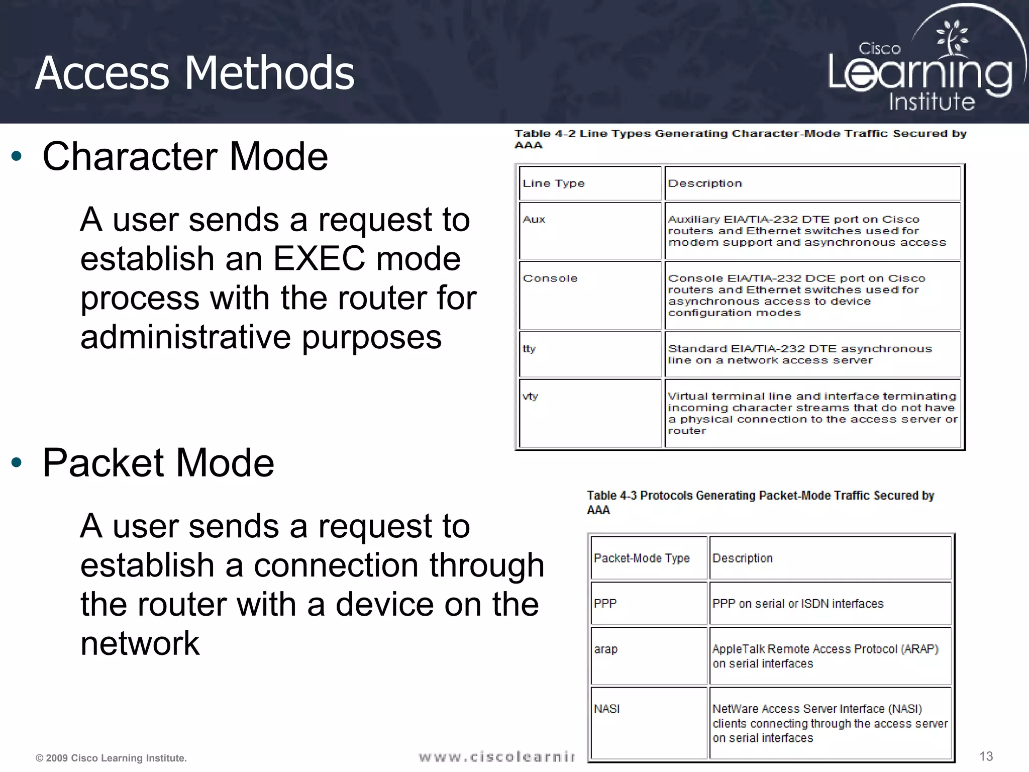 13 13 13 © 2009 Cisco Learning Institute. Access Methods • Character Mode A user sends a request to establish an EXEC mode process with the router for administrative purposes • Packet Mode A user sends a request to establish a connection through the router with a device on the network 
