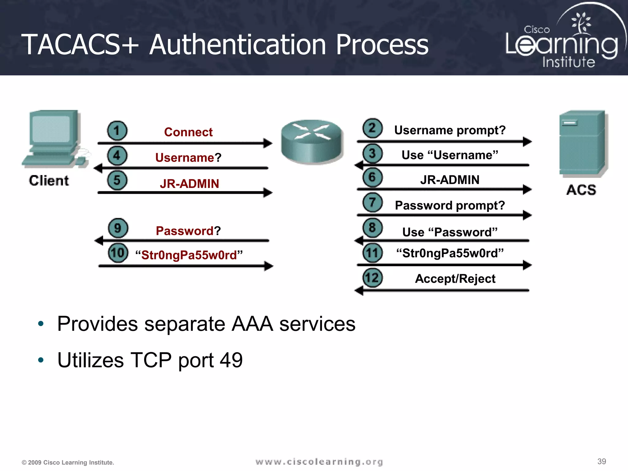 39 39 39 © 2009 Cisco Learning Institute. TACACS+ Authentication Process • Provides separate AAA services • Utilizes TCP port 49 Connect Username prompt? Username? Use “Username” JR-ADMIN JR-ADMIN Password? Password prompt? “Str0ngPa55w0rd” Use “Password” Accept/Reject “Str0ngPa55w0rd” 