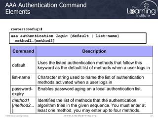 22
22
22
© 2009 Cisco Learning Institute.
AAA Authentication Command
Elements
router(config)#
aaa authentication login {default | list-name}
method1…[method4]
Command Description
default
Uses the listed authentication methods that follow this
keyword as the default list of methods when a user logs in
list-name Character string used to name the list of authentication
methods activated when a user logs in
password-
expiry
Enables password aging on a local authentication list.
method1
[method2...
]
Identifies the list of methods that the authentication
algorithm tries in the given sequence. You must enter at
least one method; you may enter up to four methods.
 