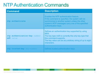 Command                                           Description

                                                           Enables the NTP authentication feature.
                                                           If this command is specified, the system will not
         ntp authenticate                                  synchronize to another system unless the other
                                                           system‟s NTP messages carry one of the specified
                                                           authentication keys.

                                                           Defines an authentication key supported by using
                                                           MD5.
         ntp authentication-key number                     The key type md5 is currently the only key type that
         md5 value                                         this command supports.
                                                           The key value can be any arbitrary string of up to eight
                                                           characters.


         ntp trusted-key key-number                        Defines trusted authentication keys.




© 2012 Cisco and/or its affiliates. All rights reserved.                                                              114
 