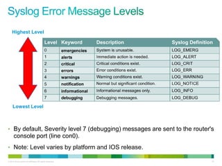Highest Level




     Lowest Level



• By default, Severity level 7 (debugging) messages are sent to the router's
      console port (line con0).
• Note: Level varies by platform and IOS release.

© 2012 Cisco and/or its affiliates. All rights reserved.                   91
 