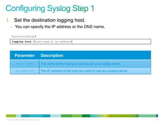 1. Set the destination logging host.
      – You can specify the IP address or the DNS name.

         Router(config)#
         logging host [host-name | ip-address]




              Parameter                                    Description
                host-name                                  The name of the host you want to use as a syslog server

               ip-address                                  The IP address of the host you want to use as a syslog server




© 2012 Cisco and/or its affiliates. All rights reserved.                                                                   94
 