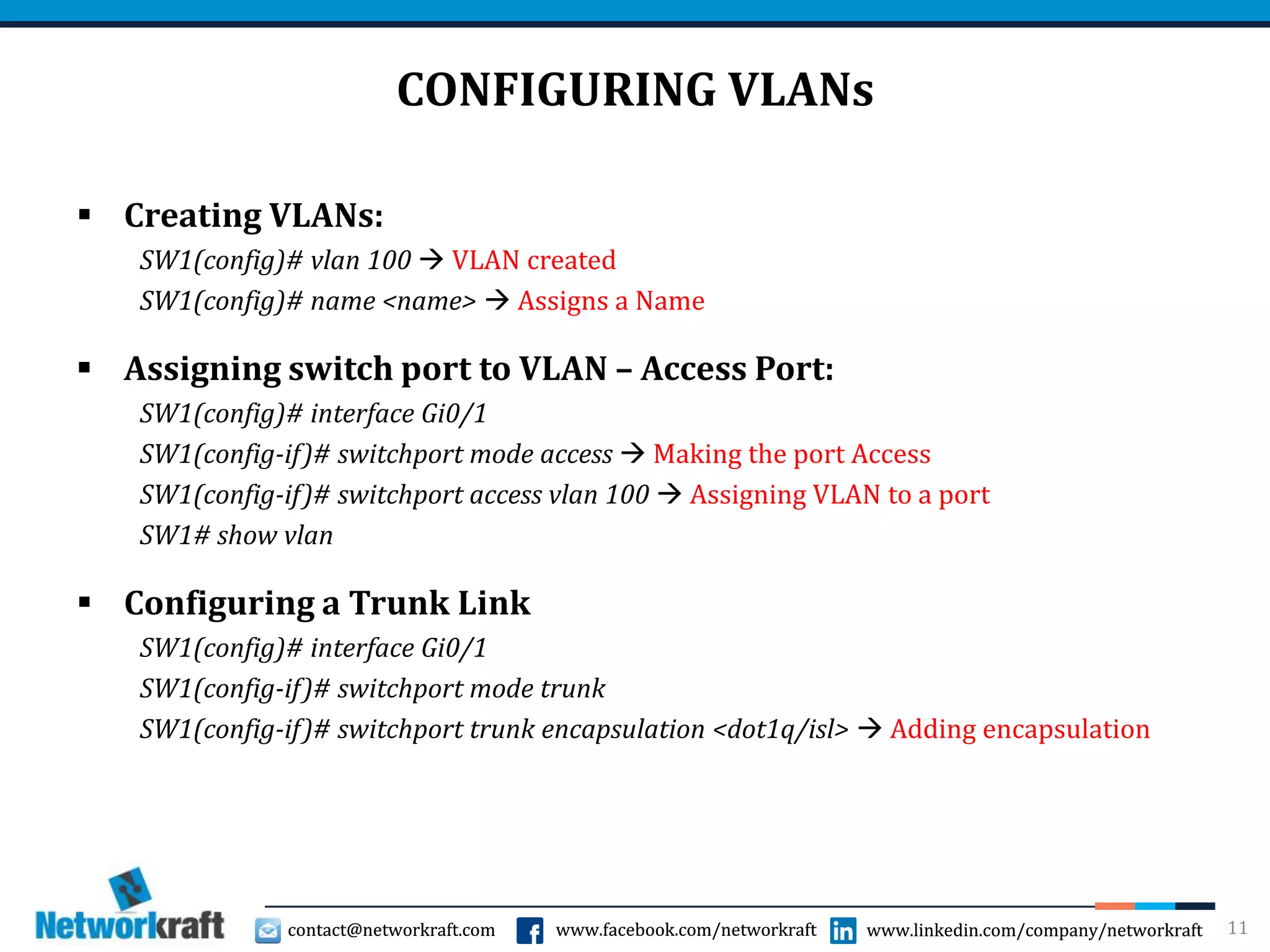 contact@networkraft.com www.facebook.com/networkraft www.linkedin.com/company/networkraftcontact@networkraft.com www.facebook.com/networkraft www.linkedin.com/company/networkraft
CONFIGURING VLANs
 Creating VLANs:
SW1(config)# vlan 100  VLAN created
SW1(config)# name <name>  Assigns a Name
 Assigning switch port to VLAN – Access Port:
SW1(config)# interface Gi0/1
SW1(config-if)# switchport mode access  Making the port Access
SW1(config-if)# switchport access vlan 100  Assigning VLAN to a port
SW1# show vlan
 Configuring a Trunk Link
SW1(config)# interface Gi0/1
SW1(config-if)# switchport mode trunk
SW1(config-if)# switchport trunk encapsulation <dot1q/isl>  Adding encapsulation
11
 