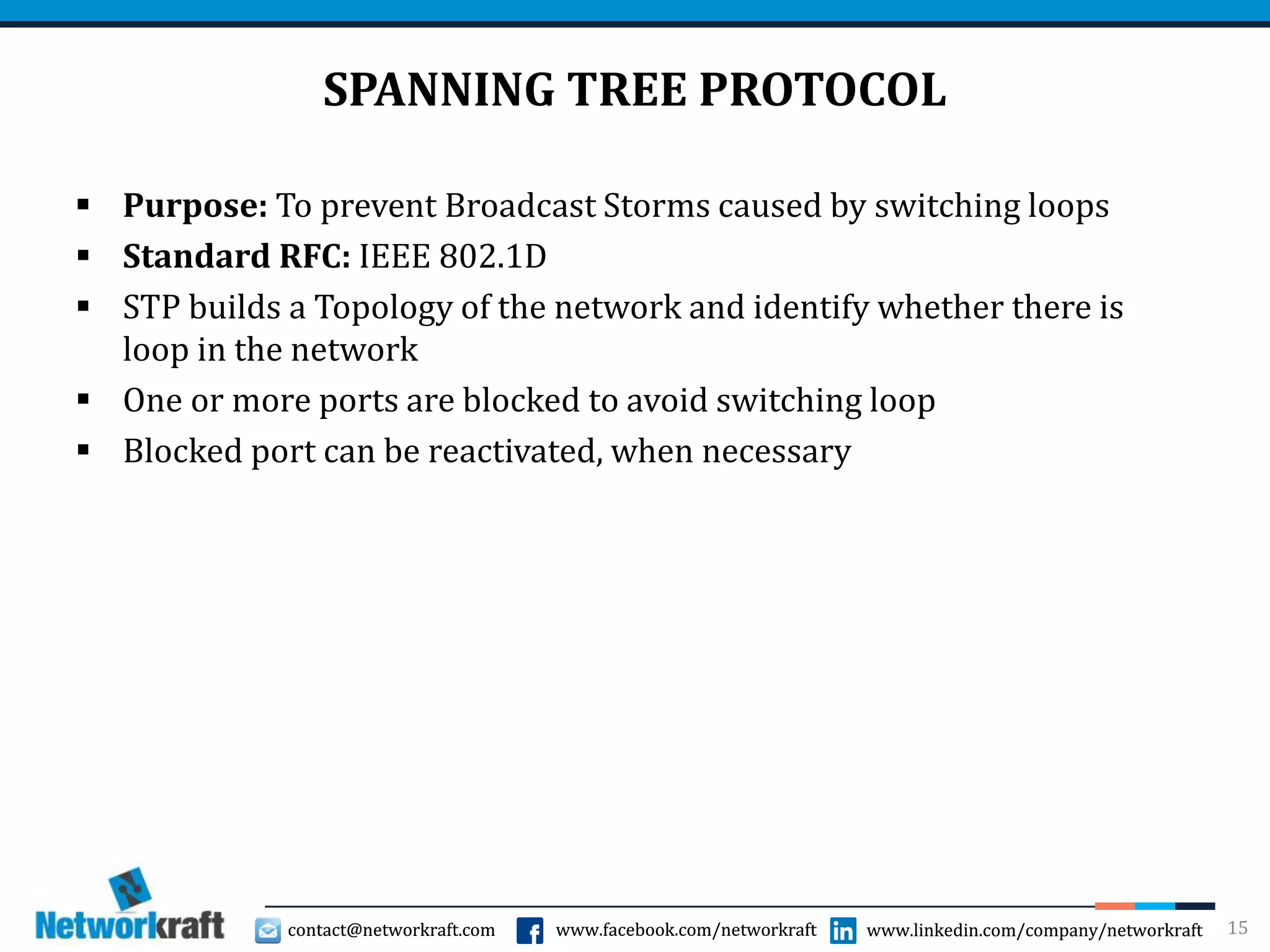 contact@networkraft.com www.facebook.com/networkraft www.linkedin.com/company/networkraftcontact@networkraft.com www.facebook.com/networkraft www.linkedin.com/company/networkraft
SPANNING TREE PROTOCOL
 Purpose: To prevent Broadcast Storms caused by switching loops
 Standard RFC: IEEE 802.1D
 STP builds a Topology of the network and identify whether there is
loop in the network
 One or more ports are blocked to avoid switching loop
 Blocked port can be reactivated, when necessary
15
 
