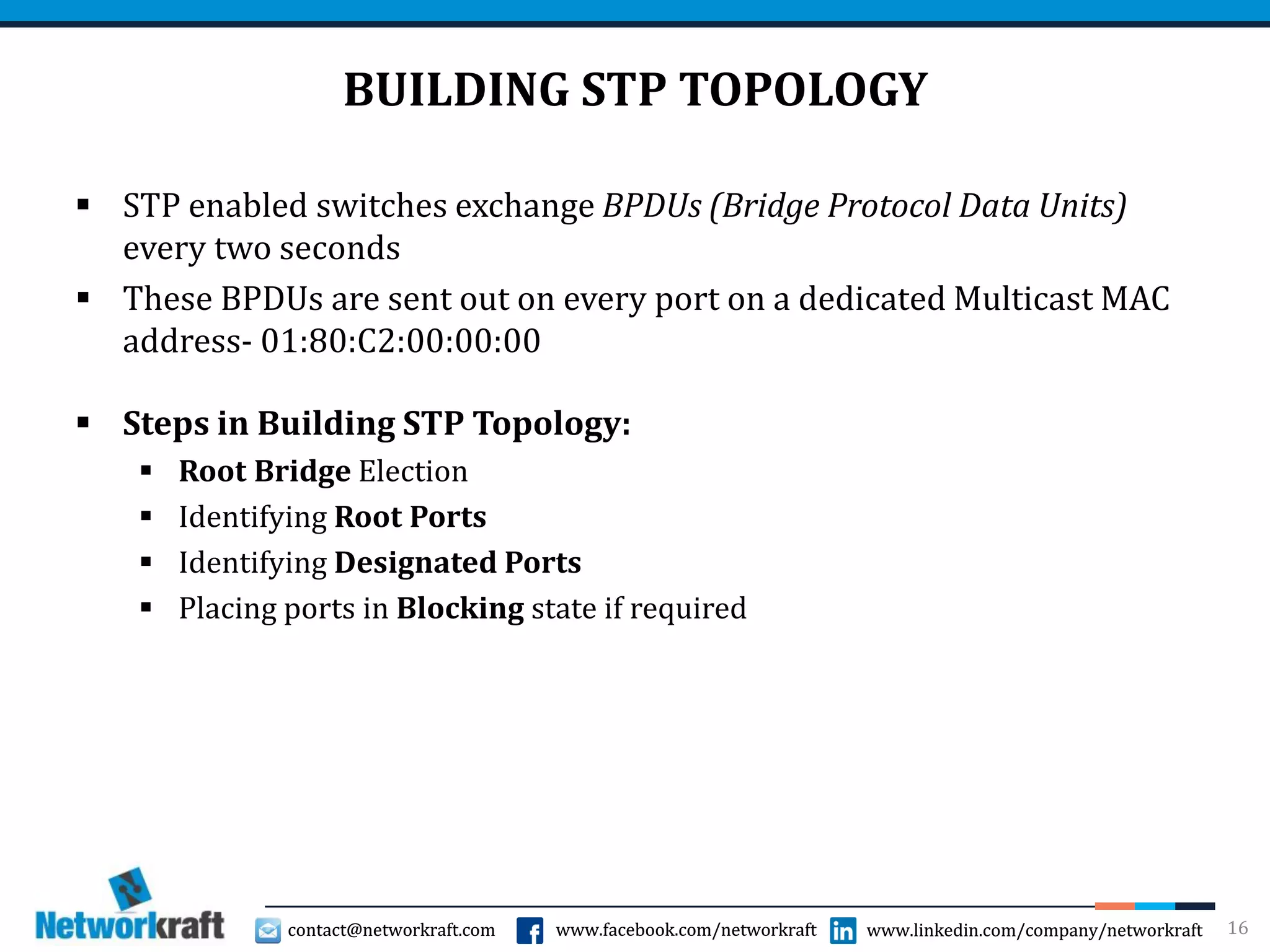 contact@networkraft.com www.facebook.com/networkraft www.linkedin.com/company/networkraftcontact@networkraft.com www.facebook.com/networkraft www.linkedin.com/company/networkraft
BUILDING STP TOPOLOGY
 STP enabled switches exchange BPDUs (Bridge Protocol Data Units)
every two seconds
 These BPDUs are sent out on every port on a dedicated Multicast MAC
address- 01:80:C2:00:00:00
 Steps in Building STP Topology:
 Root Bridge Election
 Identifying Root Ports
 Identifying Designated Ports
 Placing ports in Blocking state if required
16
 