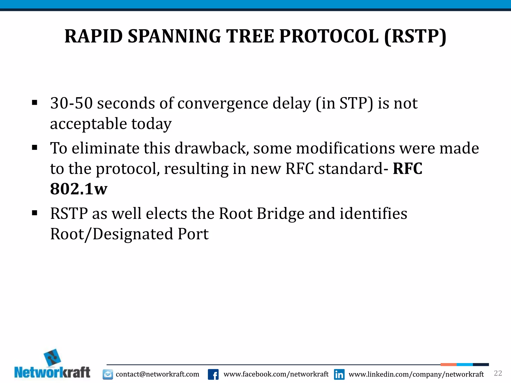 contact@networkraft.com www.facebook.com/networkraft www.linkedin.com/company/networkraftcontact@networkraft.com www.facebook.com/networkraft www.linkedin.com/company/networkraft
RAPID SPANNING TREE PROTOCOL (RSTP)
 30-50 seconds of convergence delay (in STP) is not
acceptable today
 To eliminate this drawback, some modifications were made
to the protocol, resulting in new RFC standard- RFC
802.1w
 RSTP as well elects the Root Bridge and identifies
Root/Designated Port
22
 