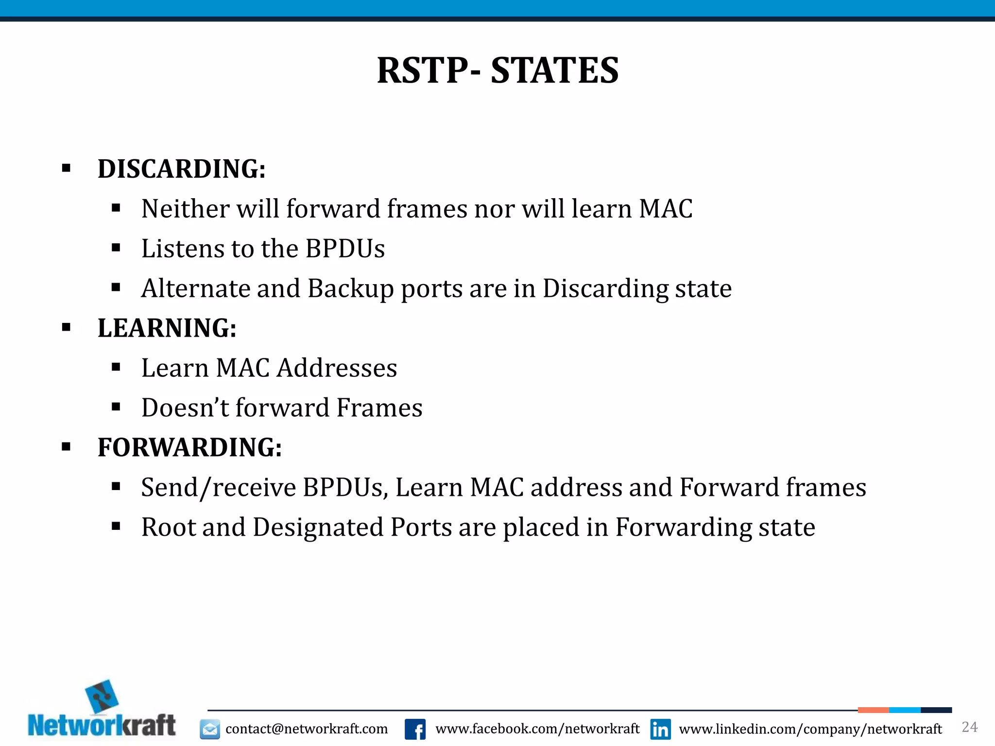 contact@networkraft.com www.facebook.com/networkraft www.linkedin.com/company/networkraftcontact@networkraft.com www.facebook.com/networkraft www.linkedin.com/company/networkraft
RSTP- STATES
 DISCARDING:
 Neither will forward frames nor will learn MAC
 Listens to the BPDUs
 Alternate and Backup ports are in Discarding state
 LEARNING:
 Learn MAC Addresses
 Doesn’t forward Frames
 FORWARDING:
 Send/receive BPDUs, Learn MAC address and Forward frames
 Root and Designated Ports are placed in Forwarding state
24
 