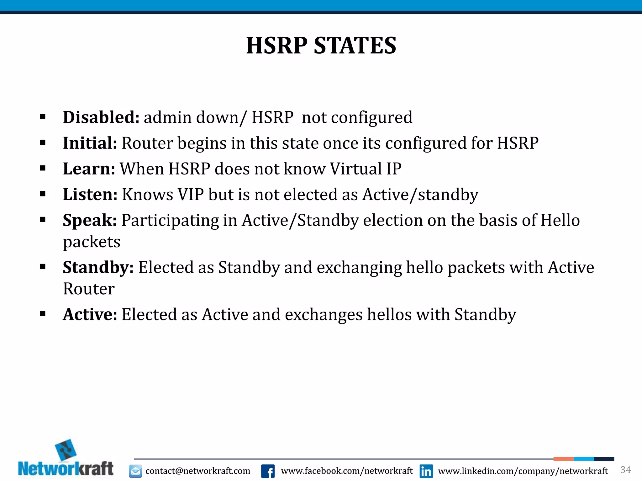 contact@networkraft.com www.facebook.com/networkraft www.linkedin.com/company/networkraftcontact@networkraft.com www.facebook.com/networkraft www.linkedin.com/company/networkraft
HSRP STATES
 Disabled: admin down/ HSRP not configured
 Initial: Router begins in this state once its configured for HSRP
 Learn: When HSRP does not know Virtual IP
 Listen: Knows VIP but is not elected as Active/standby
 Speak: Participating in Active/Standby election on the basis of Hello
packets
 Standby: Elected as Standby and exchanging hello packets with Active
Router
 Active: Elected as Active and exchanges hellos with Standby
34
 