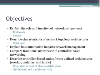 Objectives
• Explain the role and function of network components
▫ Endpoints
▫ Servers
• Describe characteristics of network topology architectures
▫ Spine-leaf
• Explain how automation impacts network management
• Compare traditional networks with controller-based
networking
• Describe controller-based and software defined architectures
(overlay, underlay, and fabric)
▫ Separation of control plane and data plane
▫ Northbound and southbound APIs
 