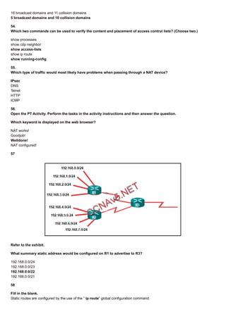 16 broadcast domains and 11 collision domains
5 broadcast domains and 10 collision domains
54.
Which two commands can be used to verify the content and placement of access control lists? (Choose two.)
show processes
show cdp neighbor
show access-lists
show ip route
show running-config
55.
Which type of traffic would most likely have problems when passing through a NAT device?
IPsec
DNS
Telnet
HTTP
ICMP
56.
Open the PT Activity. Perform the tasks in the activity instructions and then answer the question.
Which keyword is displayed on the web browser?
NAT works!
Goodjob!
Welldone!
NAT configured!
57
Refer to the exhibit.
What summary static address would be configured on R1 to advertise to R3?
192.168.0.0/24
192.168.0.0/23
192.168.0.0/22
192.168.0.0/21
58
Fill in the blank.
Static routes are configured by the use of the ” ip route” global configuration command.
 