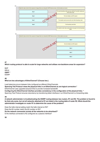 47
Which routing protocol is able to scale for large networks and utilizes non-backbone areas for expansion?
BGP
RIPv2
OSPF *
EIGRP
48
What are two advantages of EtherChannel? (Choose two.)
Load balancing occurs between links configured as different EtherChannels.
Spanning Tree Protocol views the physical links in an EtherChannel as one logical connection.*
EtherChannel uses upgraded physical links to provide increased bandwidth.
Configuring the EtherChannel interface provides consistency in the configuration of the physical links. *
Spanning Tree Protocol ensures redundancy by transitioning failed interfaces in an EtherChannel to a forwarding state.
49
A network administrator is troubleshooting the EIGRP routing between two routers, R1 and R2. The problem is found to
be that only some, but not all networks attached to R1 are listed in the routing table of router R2. What should the
administrator investigate on router R1 to determine the cause of the problem?
Does the hello interval setting match the hello interval on R2?
Does the AS number match the AS number on R2?
Do the network commands include all the networks to be advertised?*
Is the interface connected to R2 configured as a passive interface?
50
 