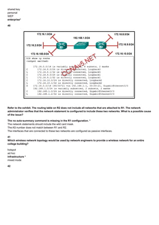 shared key
personal
WEP
enterprise*
40
Refer to the exhibit. The routing table on R2 does not include all networks that are attached to R1. The network
administrator verifies that the network statement is configured to include these two networks. What is a possible cause
of the issue?
The no auto-summary command is missing in the R1 configuration. *
The network statements should include the wild card mask.
The AS number does not match between R1 and R2.
The interfaces that are connected to these two networks are configured as passive interfaces.
41
Which wireless network topology would be used by network engineers to provide a wireless network for an entire
college building?
hotspot
ad hoc
infrastructure *
mixed mode
42
 