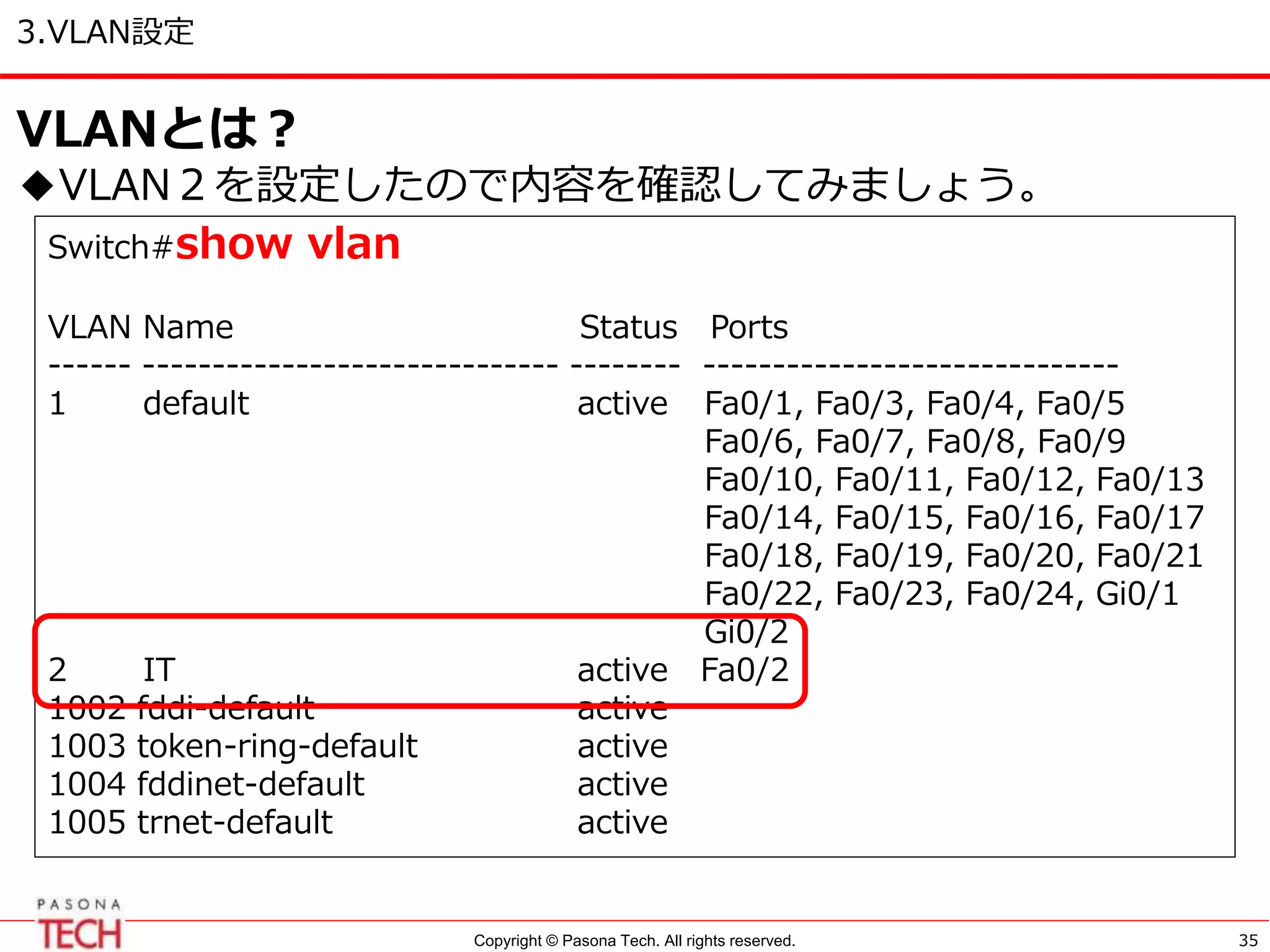 Copyright © Pasona Tech. All rights reserved.
3.VLAN設定
35
VLANとは？
◆VLAN２を設定したので内容を確認してみましょう。
Switch#show vlan
VLAN Name Status Ports
------ ------------------------------ -------- ------------------------------
1 default active Fa0/1, Fa0/3, Fa0/4, Fa0/5
Fa0/6, Fa0/7, Fa0/8, Fa0/9
Fa0/10, Fa0/11, Fa0/12, Fa0/13
Fa0/14, Fa0/15, Fa0/16, Fa0/17
Fa0/18, Fa0/19, Fa0/20, Fa0/21
Fa0/22, Fa0/23, Fa0/24, Gi0/1
Gi0/2
2 IT active Fa0/2
1002 fddi-default active
1003 token-ring-default active
1004 fddinet-default active
1005 trnet-default active
 