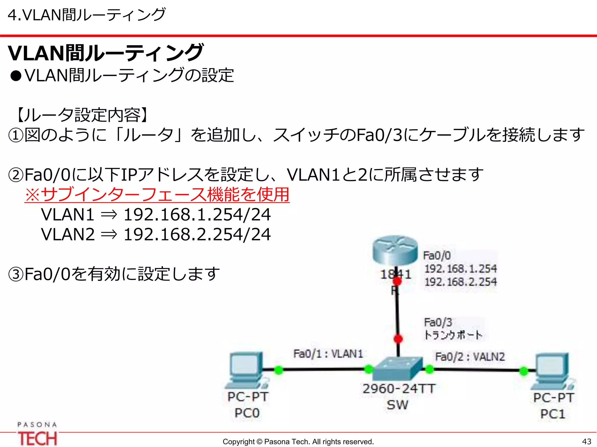 Copyright © Pasona Tech. All rights reserved.
4.VLAN間ルーティング
43
VLAN間ルーティング
●VLAN間ルーティングの設定
【ルータ設定内容】
①図のように「ルータ」を追加し、スイッチのFa0/3にケーブルを接続します
②Fa0/0に以下IPアドレスを設定し、VLAN1と2に所属させます
※サブインターフェース機能を使用
VLAN1 ⇒ 192.168.1.254/24
VLAN2 ⇒ 192.168.2.254/24
③Fa0/0を有効に設定します
 
