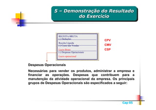 5 – Demonstração do Resultado
              5 – Demonstração do Resultado
                      do Exercício
                       do Exercício



                 RECEITA BRUTA
                 (-) Deduções
                                             CPV
                 Receita Líquida
                 (-) Custo das Vendas        CMV
                 Lucro Bruto                 CSP
                 (-) Despesas Operacionais
                 Lucro operacional


Despesas Operacionais
Despesas Operacionais
Necessárias para vender os produtos, administrar a empresa e
Necessárias para vender os produtos, administrar a empresa e
financiar as operações. Despesas que contribuem para a
financiar as operações. Despesas que contribuem para a
manutenção da atividade operacional da empresa. Os principais
manutenção da atividade operacional da empresa. Os principais
grupos de Despesas Operacionais são especificados a seguir:
grupos de Despesas Operacionais são especificados a seguir:




                                                     Cap 05
 