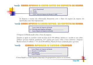 Lucro Operacional
                      (-) Perdas
                      (+) Ganhos
                      = Lucro Antes do Imposto de Renda (LAIR)


     As despesas e receitas não relacionadas diretamente com o objeto do negócio da empresa são
     As despesas e receitas não relacionadas diretamente com o objeto do negócio da empresa são
     classificadas como Não Operacionais.
     classificadas como Não Operacionais.



                          Lucro Antes do Imposto de Renda
                      (-) Provisão para Imposto de Renda
                      = Lucro Depois do Imposto de Renda

 O Imposto de Renda incide sobre o lucro da empresa.
 O Imposto de Renda incide sobre o lucro da empresa.
 Quando se apura no exercício social um lucro de $ 100 milhões, declara-se e recolhe-se aos cofres
 Quando se apura no exercício social um lucro de $ 100 milhões, declara-se e recolhe-se aos cofres
 públicos (governo federal), geralmente, 15% (quinze por cento) sobre o lucro referente a Imposto
 públicos (governo federal), geralmente, 15% (quinze por cento) sobre o lucro referente a Imposto
 Renda normal (15 milhões = 15% de $ 100 milhões). Parcela do lucro canalizada para o governo.
 Renda normal (15 milhões = 15% de $ 100 milhões). Parcela do lucro canalizada para o governo.



                        Lucro Depois do Imposto de Renda
                    (-) Doações e Contribuições
                    (-) Participações
                        Lucro Líquido

O lucro líquido é a sobra líquida à disposição dos proprietários (sócios ou acionistas).
O lucro líquido é a sobra líquida à disposição dos proprietários (sócios ou acionistas).
                                                                                           Cap 05
 