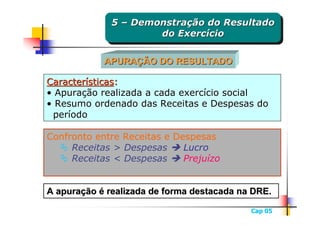 5 – Demonstração do Resultado
              5 – Demonstração do Resultado
                      do Exercício
                       do Exercício

            APURAÇÃO DO RESULTADO

Características:
• Apuração realizada a cada exercício social
• Resumo ordenado das Receitas e Despesas do
 período

Confronto entre Receitas e Despesas
     Receitas > Despesas     Lucro
     Receitas < Despesas     Prejuízo


A apuração é realizada de forma destacada na DRE.

                                            Cap 05
 