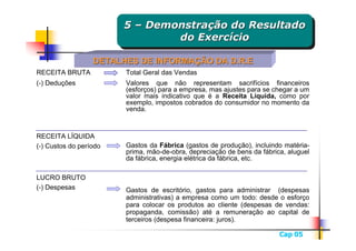 5 – Demonstração do Resultado
                        5 – Demonstração do Resultado
                                do Exercício
                                 do Exercício

                  DETALHES DE INFORMAÇÃO DA D.R.E
RECEITA BRUTA           Total Geral das Vendas
(-) Deduções            Valores que não representam sacrifícios financeiros
                        (esforços) para a empresa, mas ajustes para se chegar a um
                        valor mais indicativo que é a Receita Líquida, como por
                        exemplo, impostos cobrados do consumidor no momento da
                        venda.



RECEITA LÍQUIDA
(-) Custos do período   Gastos da Fábrica (gastos de produção), incluindo matéria-
                        prima, mão-de-obra, depreciação de bens da fábrica, aluguel
                        da fábrica, energia elétrica da fábrica, etc.

LUCRO BRUTO
(-) Despesas            Gastos de escritório, gastos para administrar (despesas
                        administrativas) a empresa como um todo: desde o esforço
                        para colocar os produtos ao cliente (despesas de vendas:
                        propaganda, comissão) até a remuneração ao capital de
                        terceiros (despesa financeira: juros).

                                                                         Cap 05
 