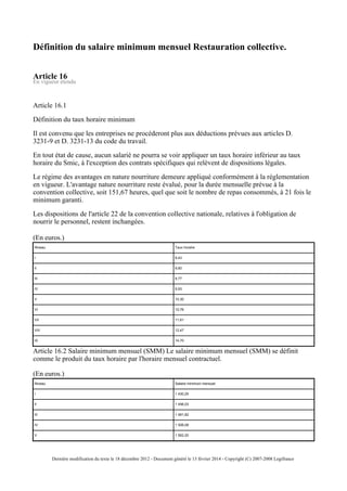 Définition du salaire minimum mensuel Restauration collective.
Article 16
En vigueur étendu
Article 16.1
Définition du taux horaire minimum
Il est convenu que les entreprises ne procéderont plus aux déductions prévues aux articles D.
3231-9 et D. 3231-13 du code du travail.
En tout état de cause, aucun salarié ne pourra se voir appliquer un taux horaire inférieur au taux
horaire du Smic, à l'exception des contrats spécifiques qui relèvent de dispositions légales.
Le régime des avantages en nature nourriture demeure appliqué conformément à la réglementation
en vigueur. L'avantage nature nourriture reste évalué, pour la durée mensuelle prévue à la
convention collective, soit 151,67 heures, quel que soit le nombre de repas consommés, à 21 fois le
minimum garanti.
Les dispositions de l'article 22 de la convention collective nationale, relatives à l'obligation de
nourrir le personnel, restent inchangées.
(En euros.)
Niveau Taux horaire
I 9,43
II 9,60
III 9,77
IV 9,93
V 10,30
VI 10,76
VII 11,61
VIII 12,47
IX 14,70
Article 16.2 Salaire minimum mensuel (SMM) Le salaire minimum mensuel (SMM) se définit
comme le produit du taux horaire par l'horaire mensuel contractuel.
(En euros.)
Niveau Salaire minimum mensuel
I 1 430,25
II 1 456,03
III 1 481,82
IV 1 506,08
V 1 562,20
Dernière modification du texte le 18 décembre 2012 - Document généré le 13 février 2014 - Copyright (C) 2007-2008 Legifrance
 