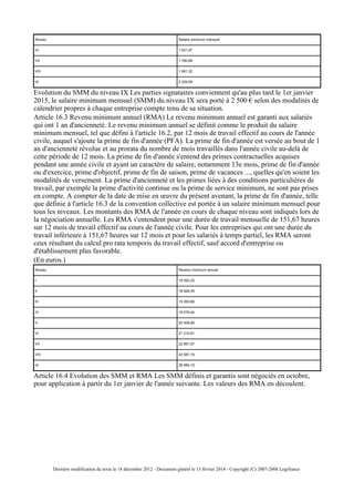 Niveau Salaire minimum mensuel
VI 1 631,97
VII 1 760,89
VIII 1 891,32
IX 2 229,55
Evolution du SMM du niveau IX Les parties signataires conviennent qu'au plus tard le 1er janvier
2015, le salaire minimum mensuel (SMM) du niveau IX sera porté à 2 500 € selon des modalités de
calendrier propres à chaque entreprise compte tenu de sa situation.
Article 16.3 Revenu minimum annuel (RMA) Le revenu minimum annuel est garanti aux salariés
qui ont 1 an d'ancienneté. Le revenu minimum annuel se définit comme le produit du salaire
minimum mensuel, tel que défini à l'article 16.2, par 12 mois de travail effectif au cours de l'année
civile, auquel s'ajoute la prime de fin d'année (PFA). La prime de fin d'année est versée au bout de 1
an d'ancienneté révolue et au prorata du nombre de mois travaillés dans l'année civile au-delà de
cette période de 12 mois. La prime de fin d'année s'entend des primes contractuelles acquises
pendant une année civile et ayant un caractère de salaire, notamment 13e mois, prime de fin d'année
ou d'exercice, prime d'objectif, prime de fin de saison, prime de vacances ..., quelles qu'en soient les
modalités de versement. La prime d'ancienneté et les primes liées à des conditions particulières de
travail, par exemple la prime d'activité continue ou la prime de service minimum, ne sont pas prises
en compte. A compter de la date de mise en œuvre du présent avenant, la prime de fin d'année, telle
que définie à l'article 16.3 de la convention collective est portée à un salaire minimum mensuel pour
tous les niveaux. Les montants des RMA de l'année en cours de chaque niveau sont indiqués lors de
la négociation annuelle. Les RMA s'entendent pour une durée de travail mensuelle de 151,67 heures
sur 12 mois de travail effectif au cours de l'année civile. Pour les entreprises qui ont une durée du
travail inférieure à 151,67 heures sur 12 mois et pour les salariés à temps partiel, les RMA seront
ceux résultant du calcul pro rata temporis du travail effectif, sauf accord d'entreprise ou
d'établissement plus favorable.
(En euros.)
Niveau Revenu minimum annuel
I 18 593,25
II 18 928,39
III 19 263,66
IV 19 579,04
V 20 308,60
VI 21 215,61
VII 22 891,57
VIII 24 587,16
IX 28 984,15
Article 16.4 Evolution des SMM et RMA Les SMM définis et garantis sont négociés en octobre,
pour application à partir du 1er janvier de l'année suivante. Les valeurs des RMA en découlent.
Dernière modification du texte le 18 décembre 2012 - Document généré le 13 février 2014 - Copyright (C) 2007-2008 Legifrance
 